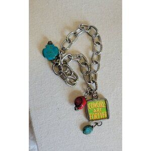 Silver tone Cowgirl Faux Turquoise Coral Beaded Charm Bracelet Br1